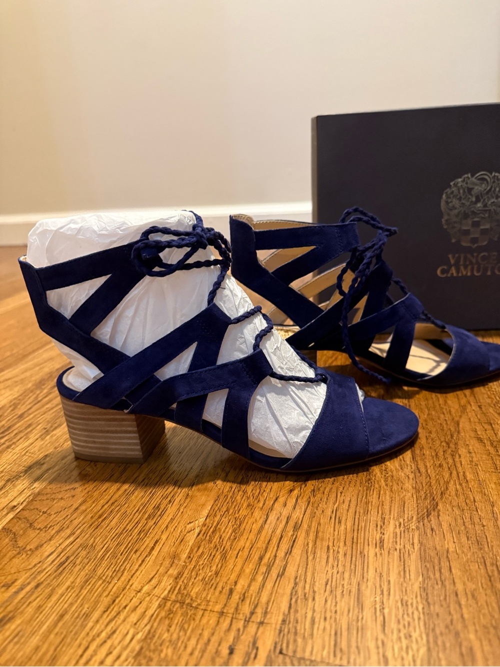 Vince Camuto Navy Suede Strappy Lace-Up Block Heel Sandals